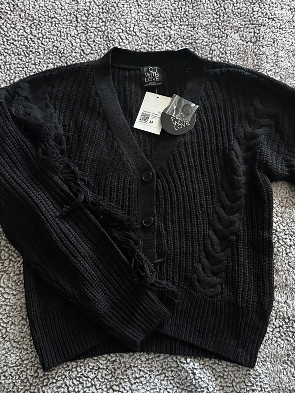 FCT WITH LOVE/Forever 21 Black Cable-Knit Fringe V-Neck Cardigan.